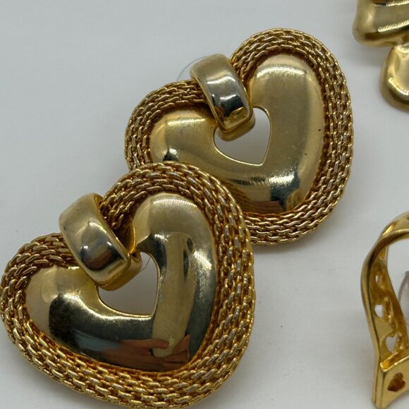 Vintage Gold-Tone Heart & Bow Pierced Earrings Set Statement Vintage - Picture 3 of 11